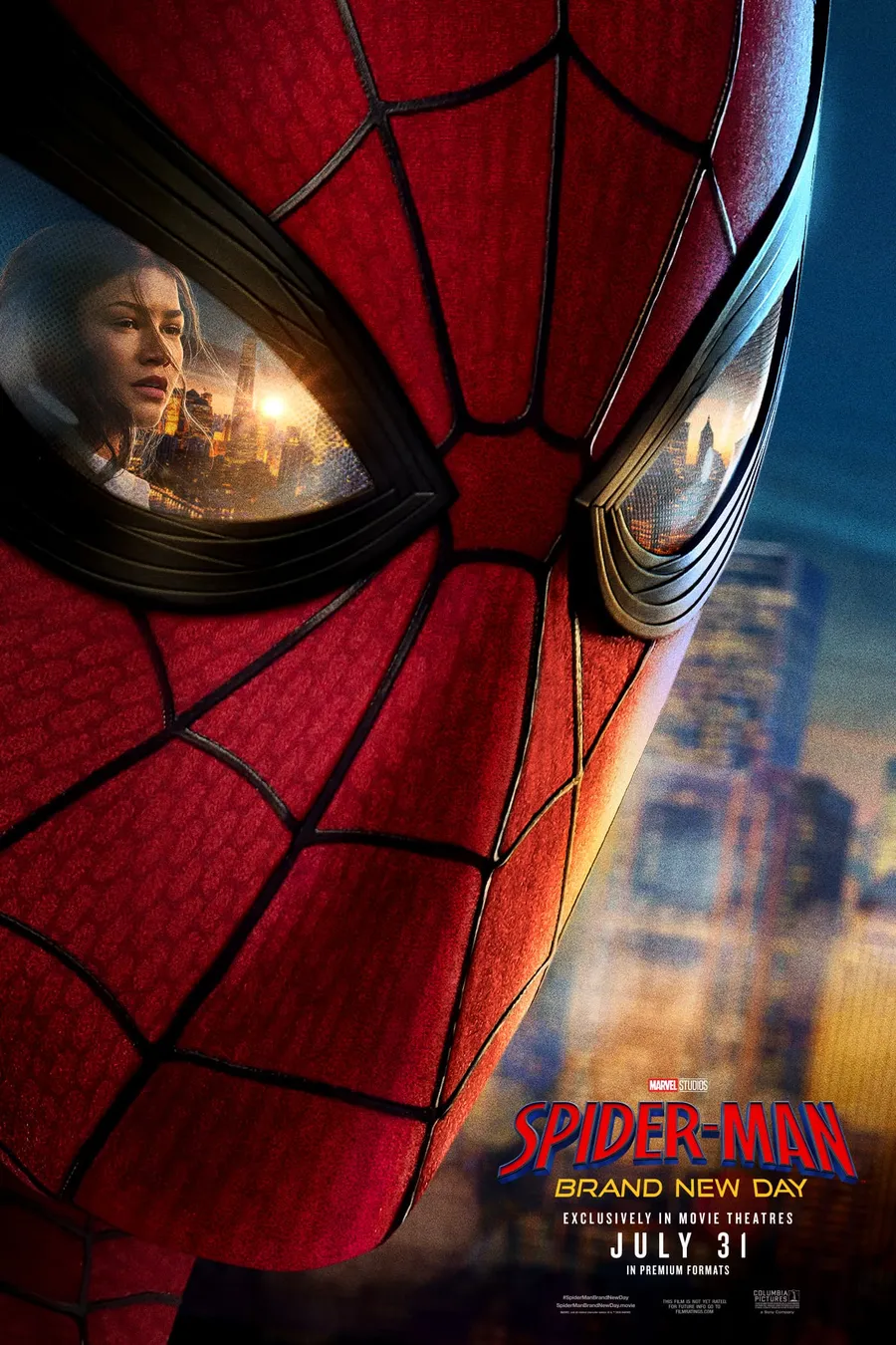 Teaser poster: close-up of Spider-Man's mask with MJ reflected in the lens